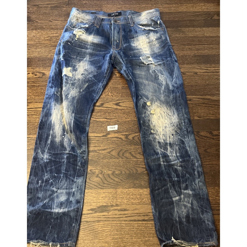 AKOO Jeans Men Size 36x32 Blue Distressed No Rivals Streetwear Denim Y2K